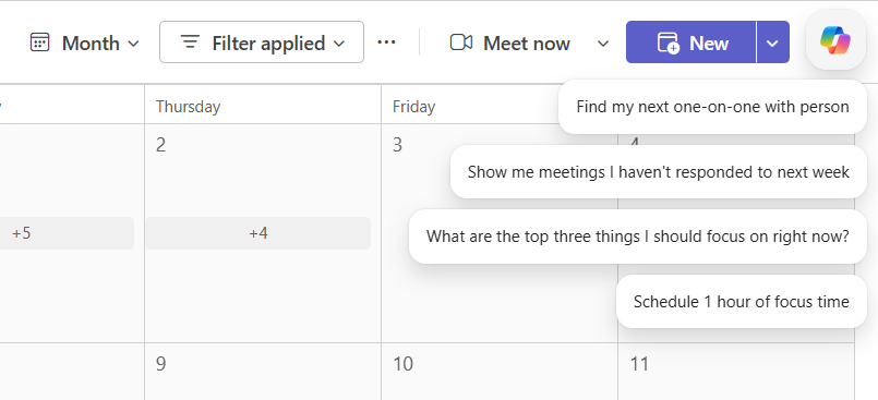 Copilot suggesting calendar actions