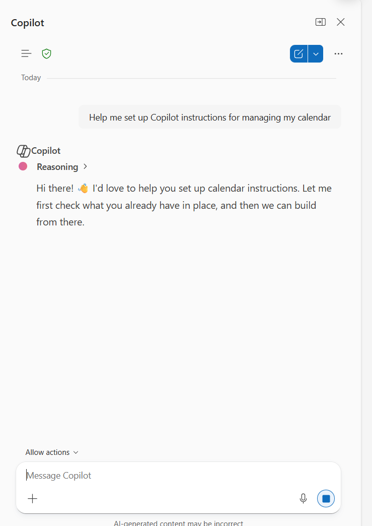 Giving Copilot standing calendar instructions in chat