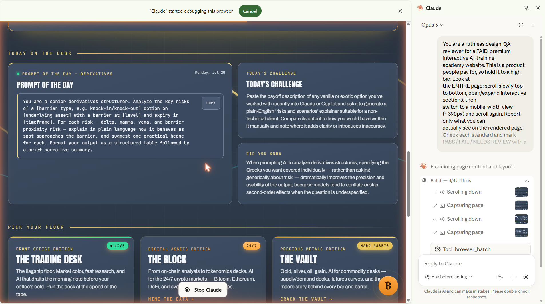 Claude in Chrome working a live website: the page on the left, Claude's side panel on the right showing the assignment, a running action log with checkmarks, and a Stop button