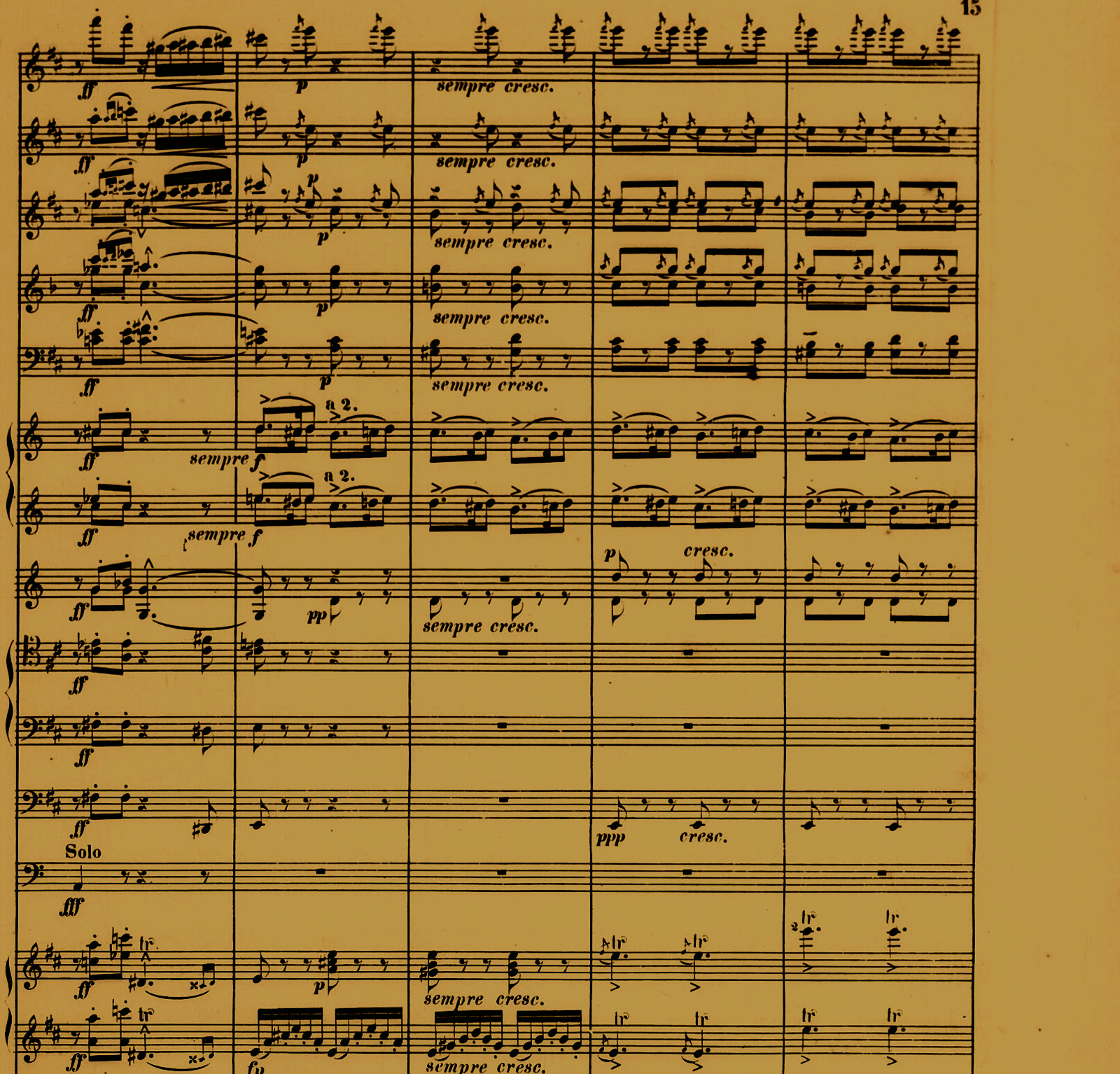 A full orchestral score, every instrument part stacked, the cover of The Data Desk